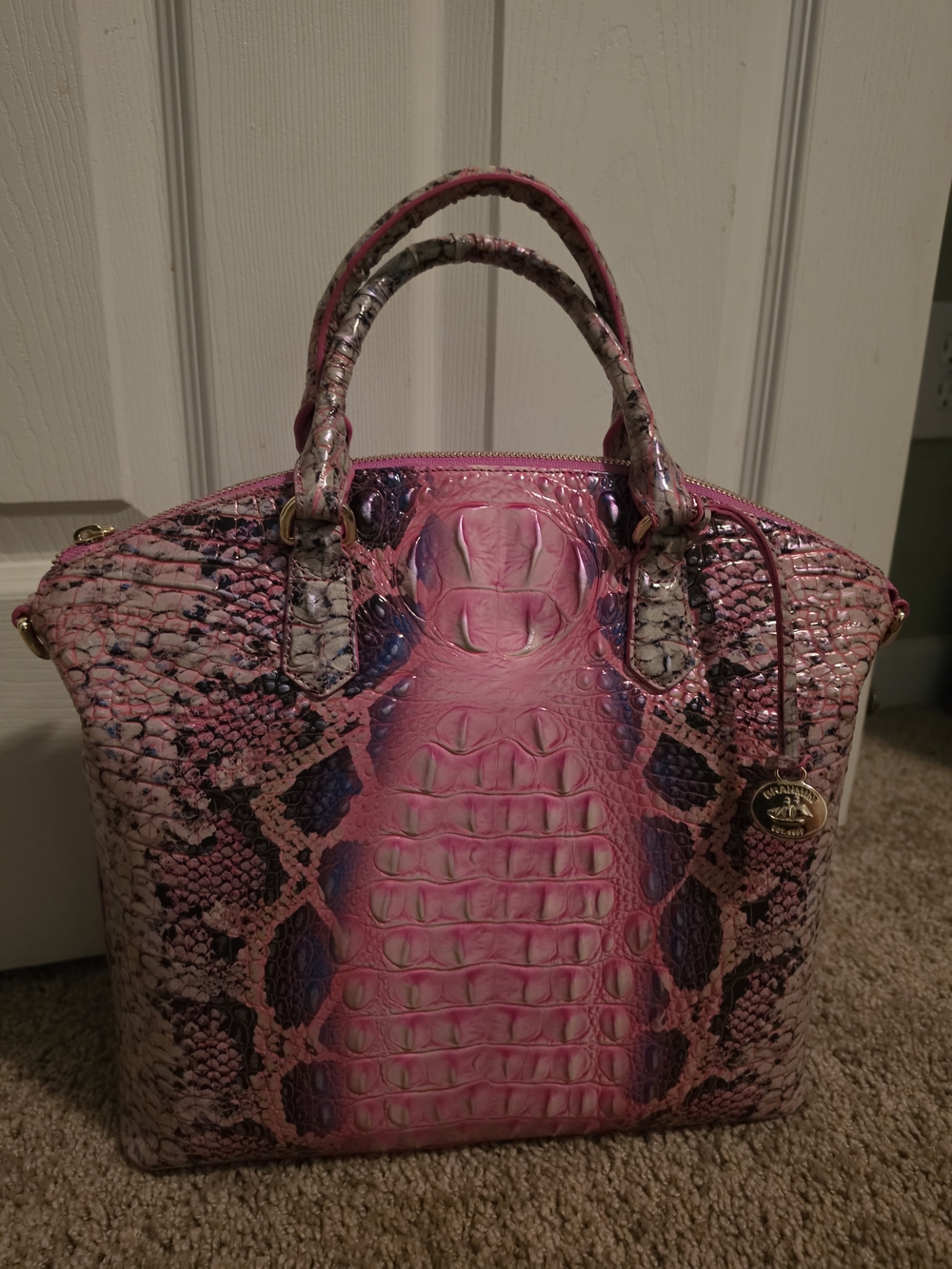 New Brahmin Pink Snake-Embossed Satchel with Purple Accents - Picture 5 of 13